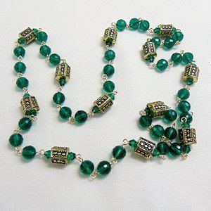 Teal Peacock Green Crystal & Gold Long Necklace